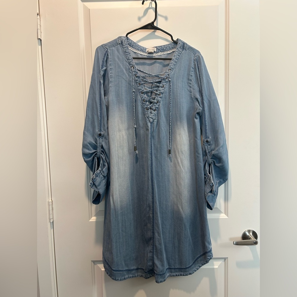 Clover + Scout Denim Lace-Up Denim Tunic Dress